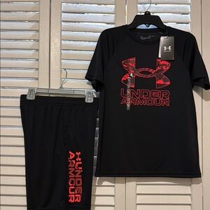 Under Armour Black Set with Red Logo Shorts and Shirt. NWT.